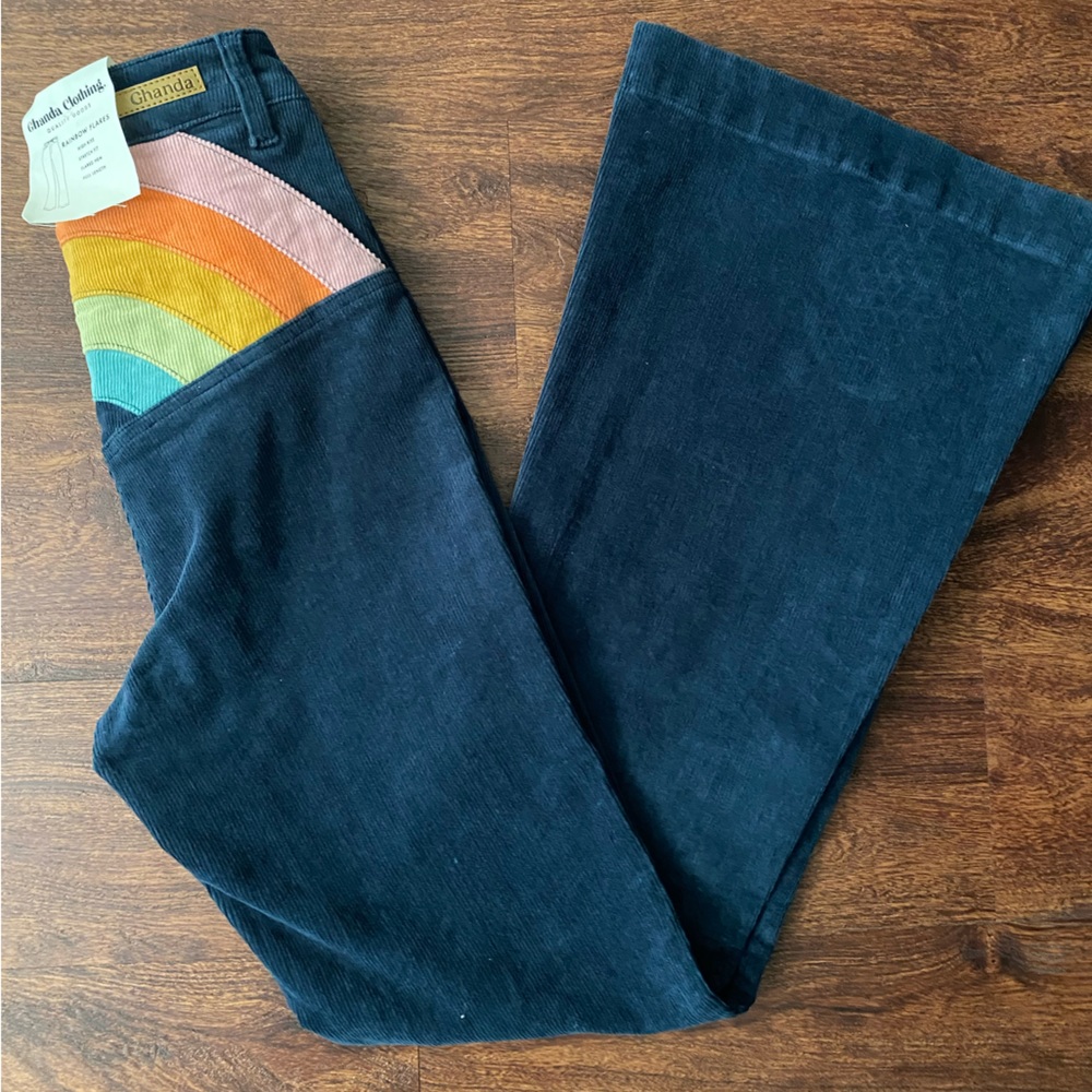 Navy blue high waist corduroy flares w/ rainbow details!!!🌈🌈🌈